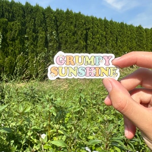 May include: A white sticker with the text "GRUMPY SUNSHINE" in colorful, retro-style letters. The sticker has a white background with small, white flower accents.