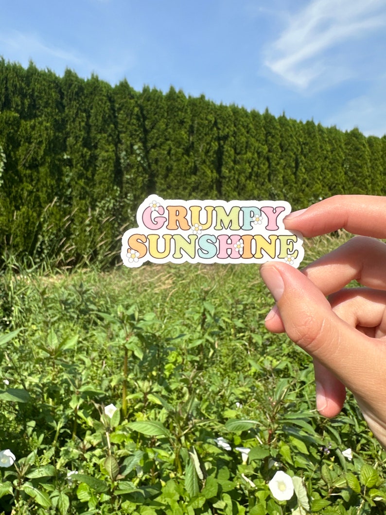 May include: A white sticker with the text "GRUMPY SUNSHINE" in colorful, retro-style letters. The sticker has a white background with small, white flower accents.