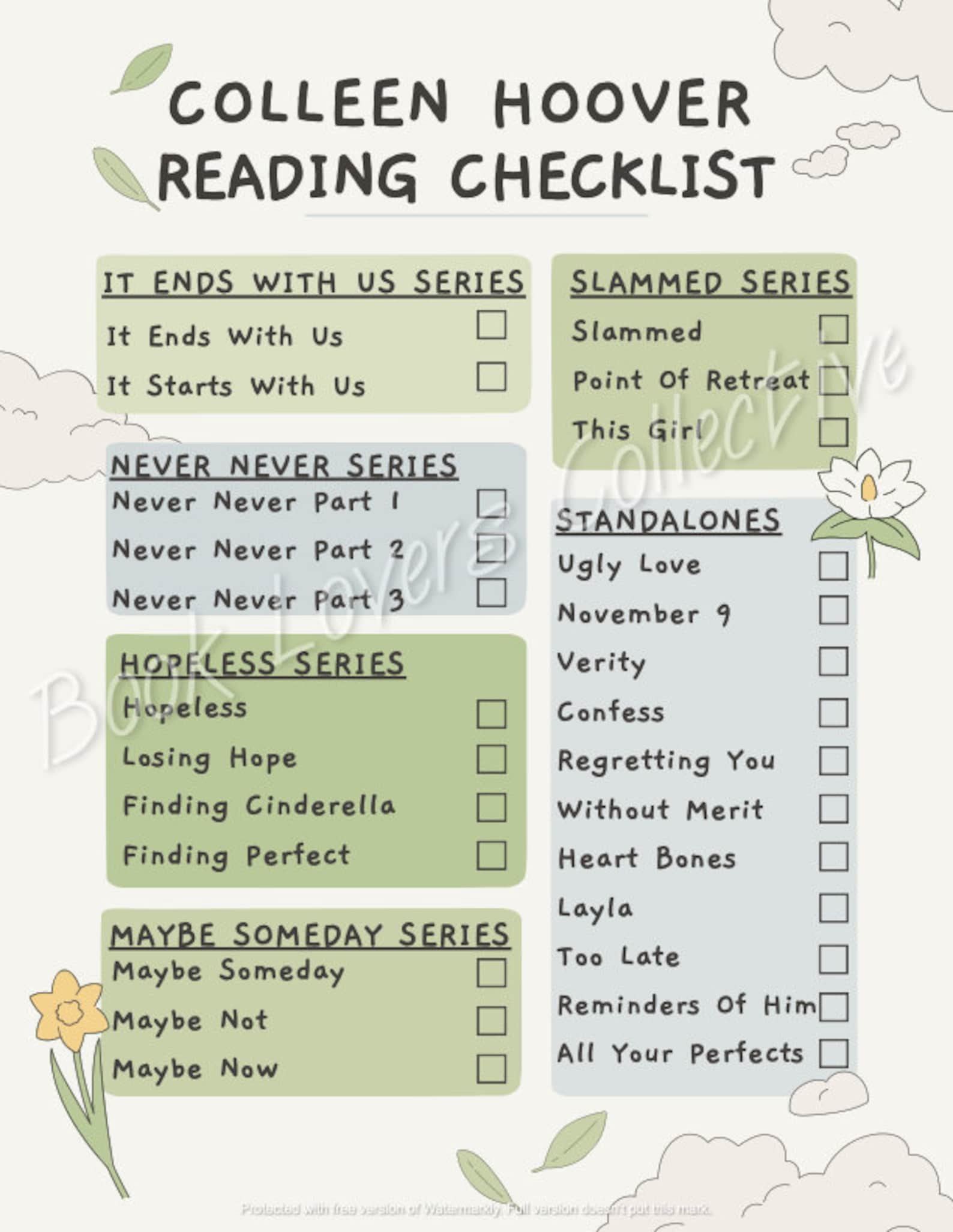 Colleen Hoover Reading Checklist, Printable Reading Checklist, Digital ...