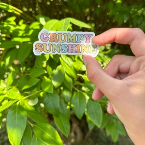 May include: A sticker with the text "GRUMPY SUNSHINE" in rainbow colors with white daisy accents.