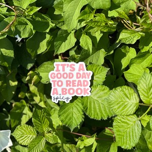 May include: A pink sticker with the text "It's a good day to read a book" with the word "spicy" written underneath in a smaller font. The sticker is placed on a bed of green leaves.