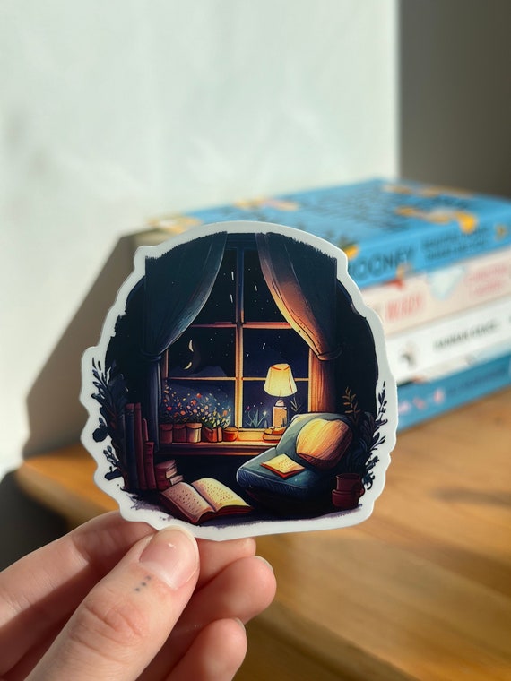 Nighttime Reading Nook Sticker, Cozy Reading Nook Sticker, Reading Room Art, Bookish Sticker, Reading Sticker, Reader Gifts, Book Lovers