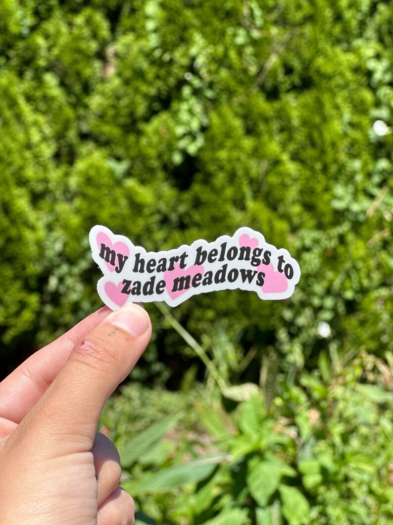 以下が含まれることがあります： 「my heart belongs to zadie meadows」というテキストの両側にピンクのハートが付いたステッカーです。