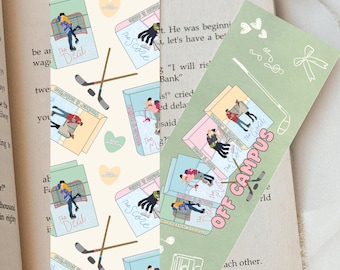 May include: Two decorative bookmarks with book and hockey-themed illustrations. One bookmark features the text "The Deal" and hockey sticks. The other bookmark has the text "Off Campus" and a golf club. Both are on a book.