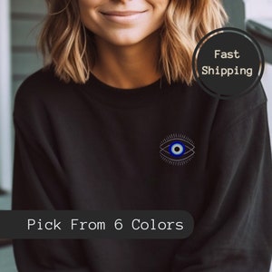Haftowany sweter Evil Eye, mistyczny sweter Good Luck dla rodziny i przyjaciół, pasujący zimowy prezent