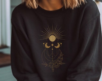 Women's Golden Sun Moon Flowers Sweatshirt. Mystical Sweatshirt, Celestial Sweatshirt, Celestial Shirt, Mystical Shirt, Black And Gold Shirt