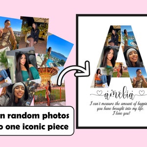 Collage de fotos con letras personalizadas para imprimir, collage de fotos para regalo de cumpleaños, regalo personalizado con nombre y mensaje para ella