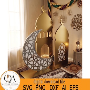 May include: A gold-colored, laser-cut Ramadan decoration featuring a crescent moon with a geometric pattern and two mosque-shaped structures. The image includes the text "digital download file" and file type options.