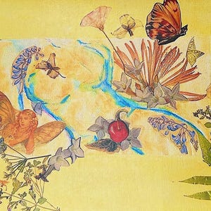 May include: A mixed media artwork on a yellow background featuring butterflies, flowers, and an angel. The artwork has a collage effect with a central rectangular shape with blue and yellow hues. The butterflies have orange and brown wings.