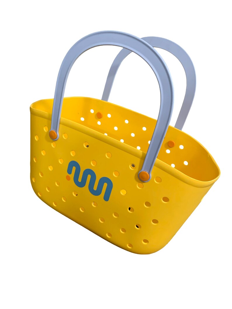 May include: Yellow tote bag with a perforated design and light blue handles. The bag features a blue and orange logo on the side. The handles are attached with orange accents. The bag is designed for carrying items.