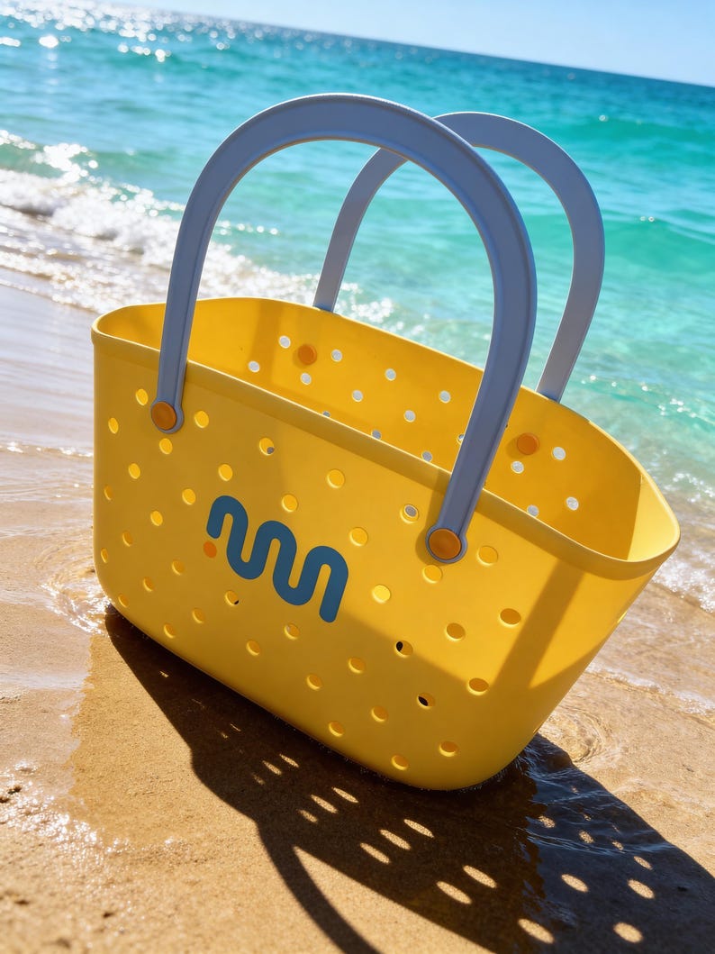 May include: A yellow tote bag with a blue and white logo, gray handles, and small holes. The bag is on a sandy beach with the ocean in the background. The handles are gray and attached with orange fasteners.