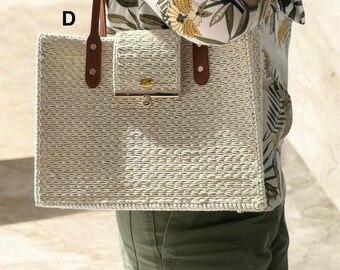 Artisanal Woven Shoulder Bag for Women - Boho Cream Tote with Gold Clasp Summer Vacation Handbag - Luxury Straw Style Tote