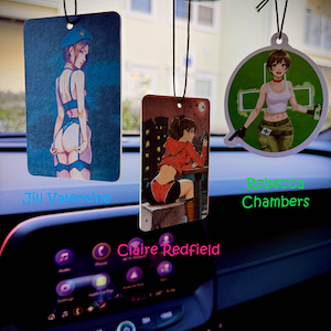 May include: Three car air fresheners featuring anime-style illustrations of female characters. One is a rectangular shape with a woman in blue lingerie, another is rectangular with a woman in an orange jacket, and the last is a circular shape with a woman in a white tank top. Text reads "Collect the full set!"