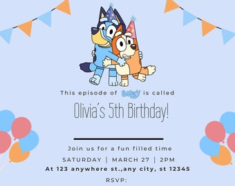 Invitación de cumpleaños para niños editable inspirada en Bluey - Plantilla digital de Canva