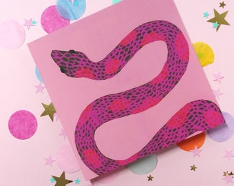 Pink Snake Illustrated Postcard, Square Art Print, With Envelope