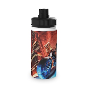 May include: White water bottle with a black lid and a graphic of a motorbike driving through a city at night. The city is lit up with red and orange lights.