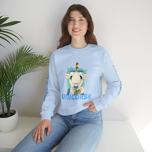 May include: A light blue sweatshirt with a cartoon unicorn graphic and the word "unicorse" printed on the front.