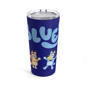 May include: A blue stainless steel tumbler with a blue and white "BLUEY" logo and cartoon images of Bluey and Bingo.
