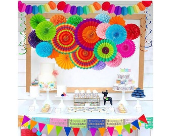 35PCS Fiesta Paper Fan Party Decorations Set with Pom Poms Hanging Swirls Cinco de mayo decor, fiesta party, Bachelorette Bridal Party Decor
