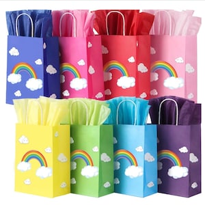 32 PCS Rainbow Theme Party Treats Bags Cloud Printed Favor Paper Goody Bags With Stickers Candy Bags, Rainbow Birthday supplies, Table Decor