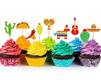 Fiesta Theme Cupcake Toppers Cinco De Mayo Party Decorations, Taco Fiesta Party Favors, Mexican Party Cake Toppers, Taco About A Party Decor