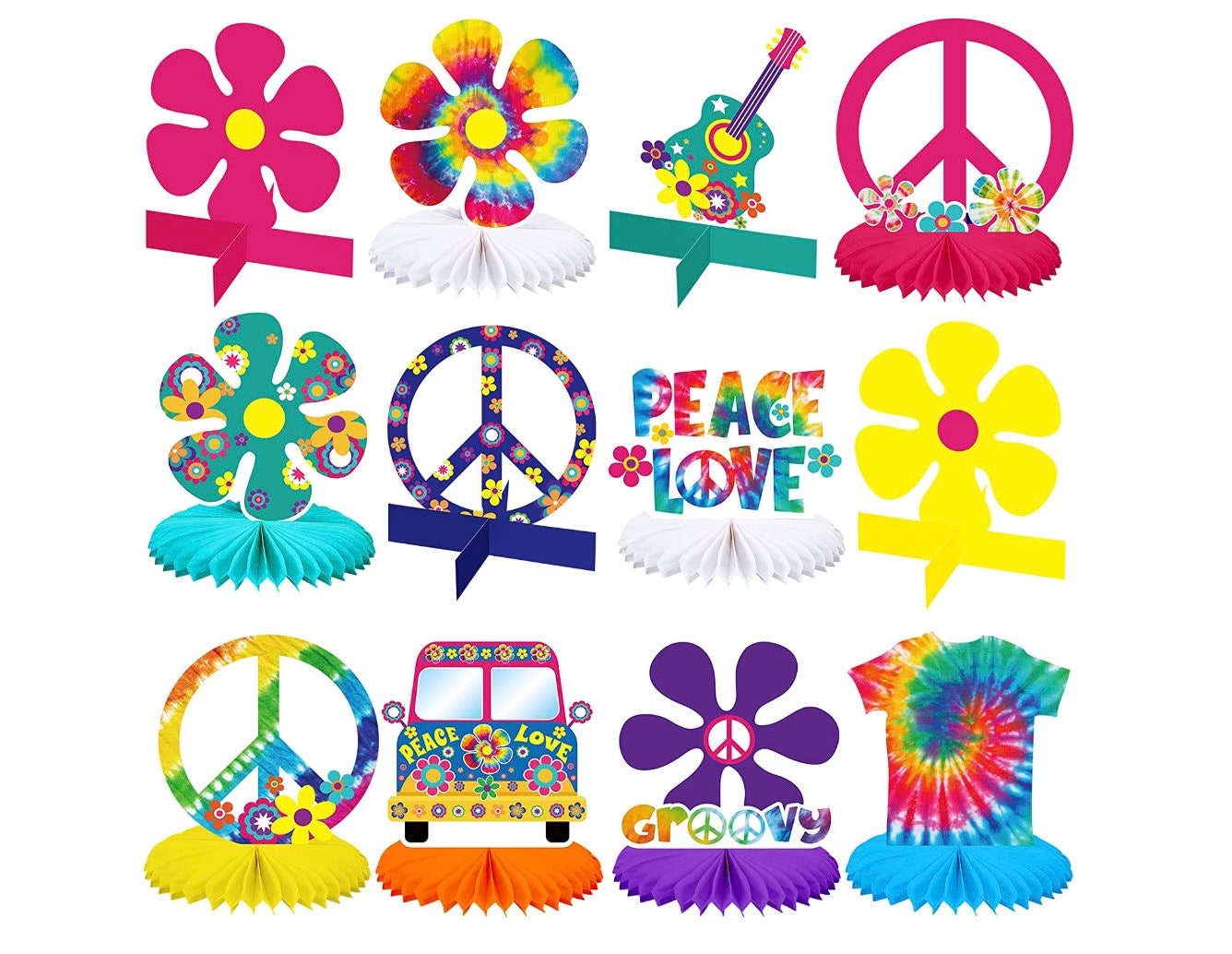 Groovy Retro Hippie Boho 60s 70s Tye Dye Party Centerpieces for Tables Toppers Rainbow Daisy Flower Birthday Decor Favors