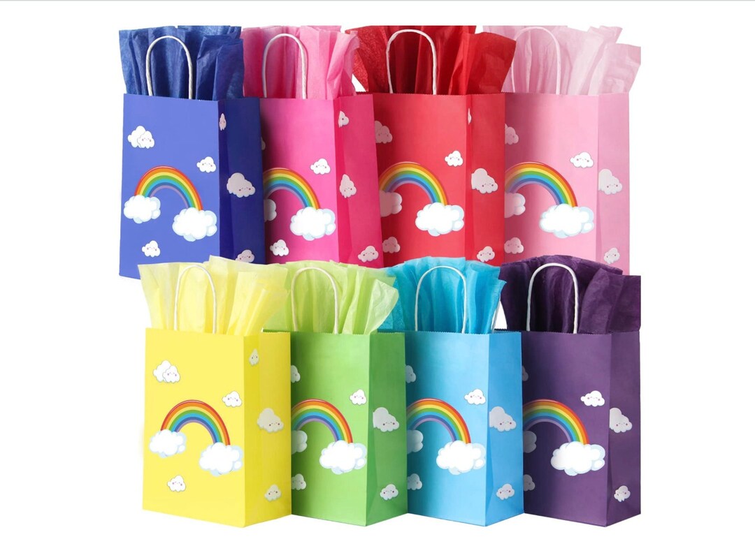 32 PCS Rainbow Theme Party Treats Bags Cloud Printed Favor Paper Goody Bags With Stickers Candy