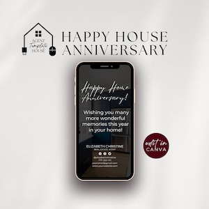 Happy House verjaardagskaart digitaal tekstbaar, jubileum, huis jubileum makelaar, onroerend goed tekstsjabloon jaarlijkse follow-up 204
