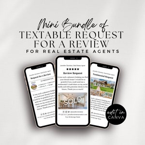 Demande d'examen pour les clients de l'agent immobilier, témoignage pour l'agent immobilier, carte numérique textuelle, rappel de demande de commentaires, remerciement du client