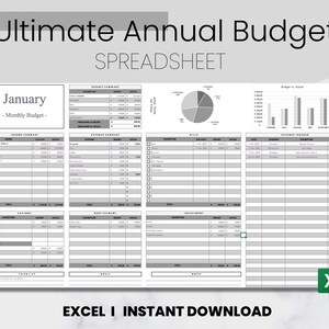 Könnte beinhalten: Eine schwarz-weiße druckbare Excel-Tabelle für die Budgetierung. Die Tabelle trägt den Titel "Ultimate Annual Budget Spreadsheet" und enthält Abschnitte für Einnahmen, Ausgaben, Schuldenrückzahlungen, Investitionen und Ersparnisse. Die Tabelle ist für die Verwendung im Januar konzipiert und enthält einen Abschnitt für das monatliche Budget.