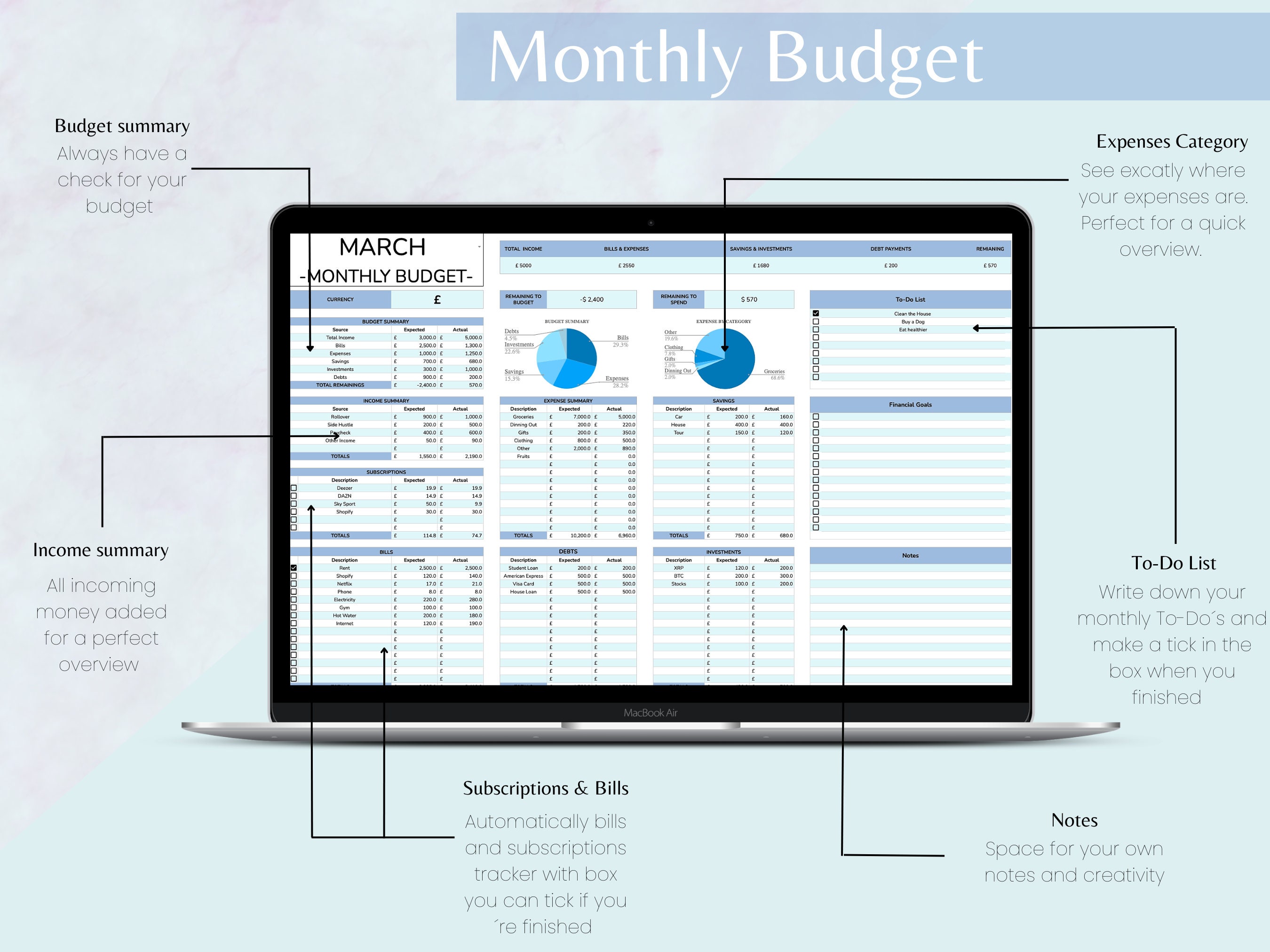 Yearly Bill Tracker Google Sheets Spreadsheet Template, Monthly Budget ...