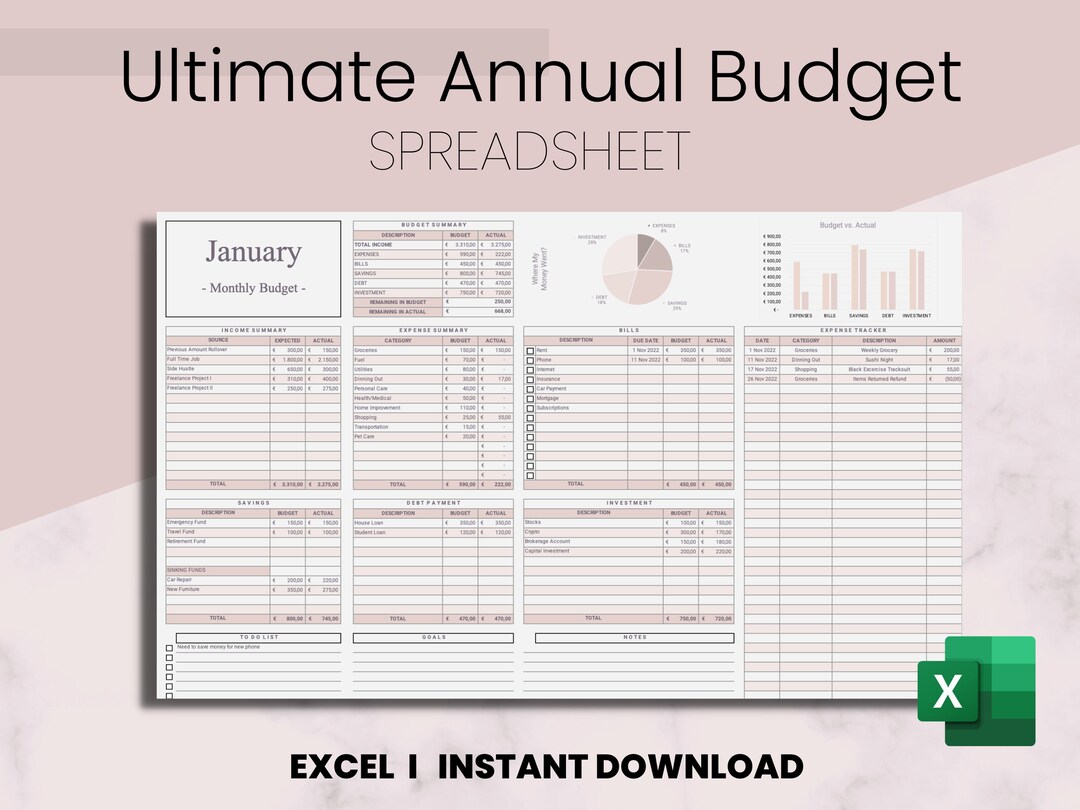 Ultimate Yearly Budget Excel Spreadsheet, Google Sheets Annual Budget ...