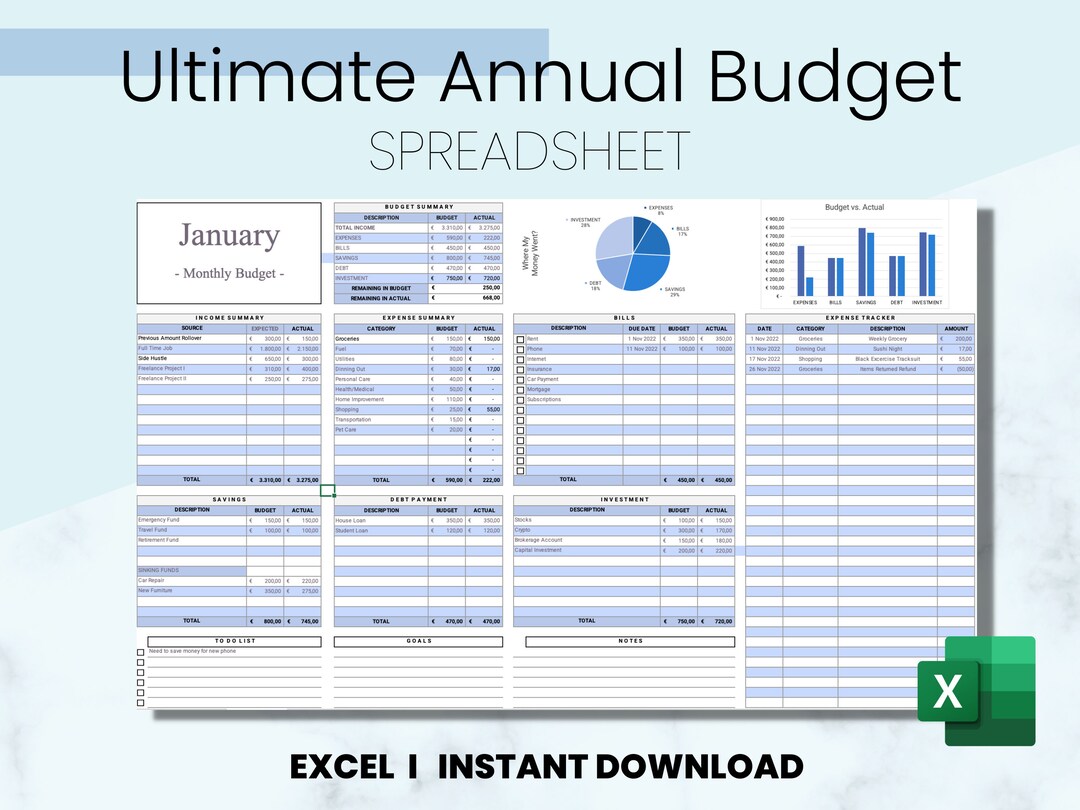 Annual Budget Spreadsheet Excel, Google Sheets Ultimate Yearly Expense ...