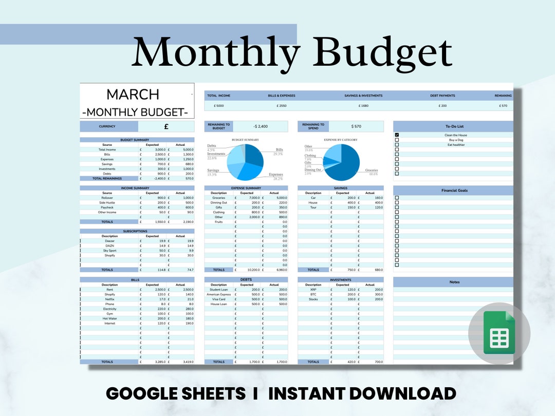Monthly Budget Google Sheets Spreadsheet Template, Expense and Income ...
