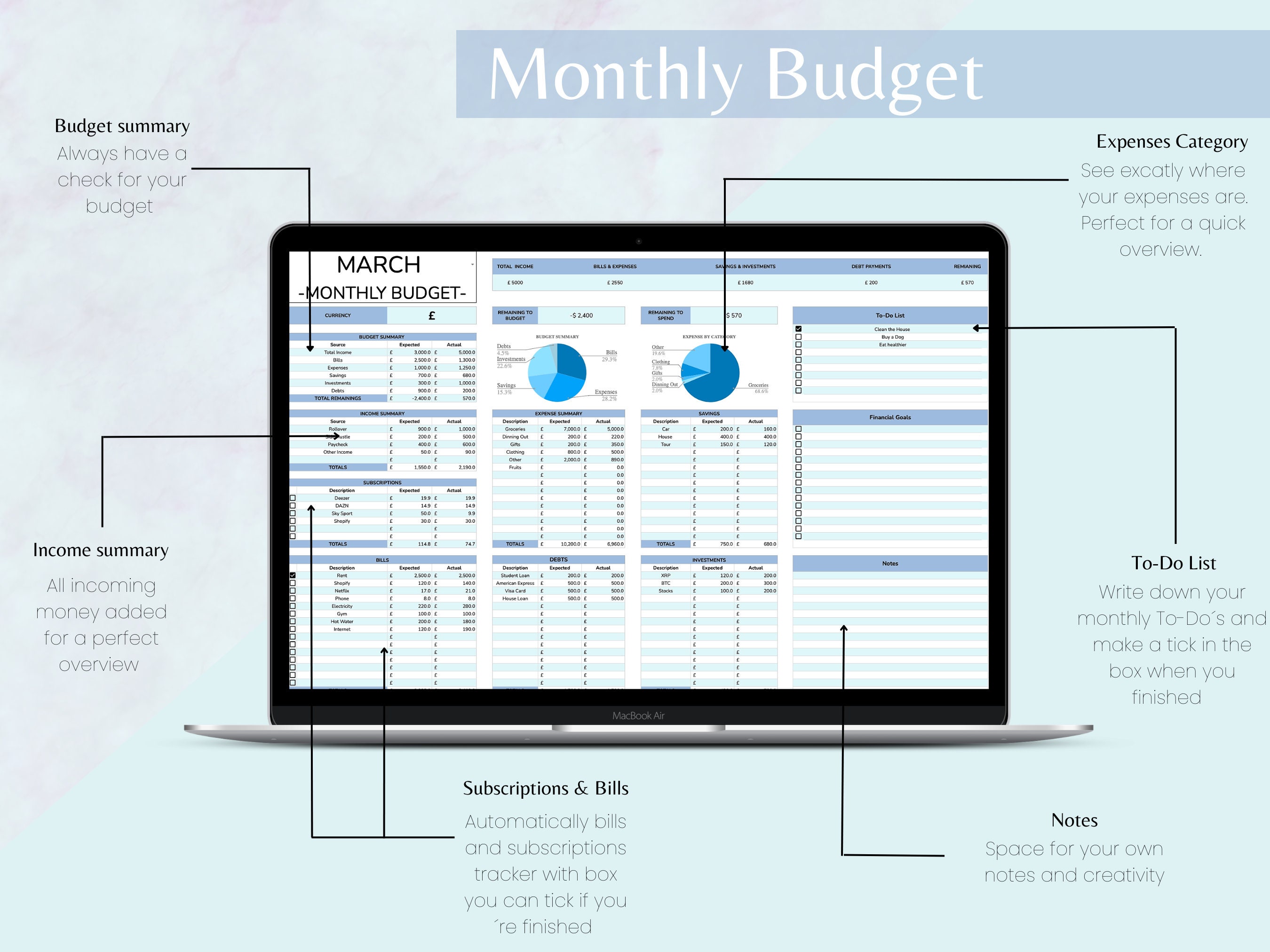 Monthly Budget Google Sheets Spreadsheet Template, Expense and Income ...