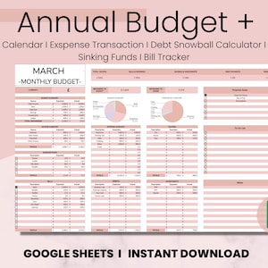 Könnte beinhalten: Eine rosa und weiße druckbare Budget-Tabelle für Google Sheets. Die Tabelle trägt den Titel "Annual Budget +" und enthält Abschnitte für monatliche Einnahmen, Ausgaben, Ersparnisse, Schulden und finanzielle Ziele. Die Tabelle soll Benutzern helfen, ihre Finanzen zu verfolgen und ein Budget zu erstellen.