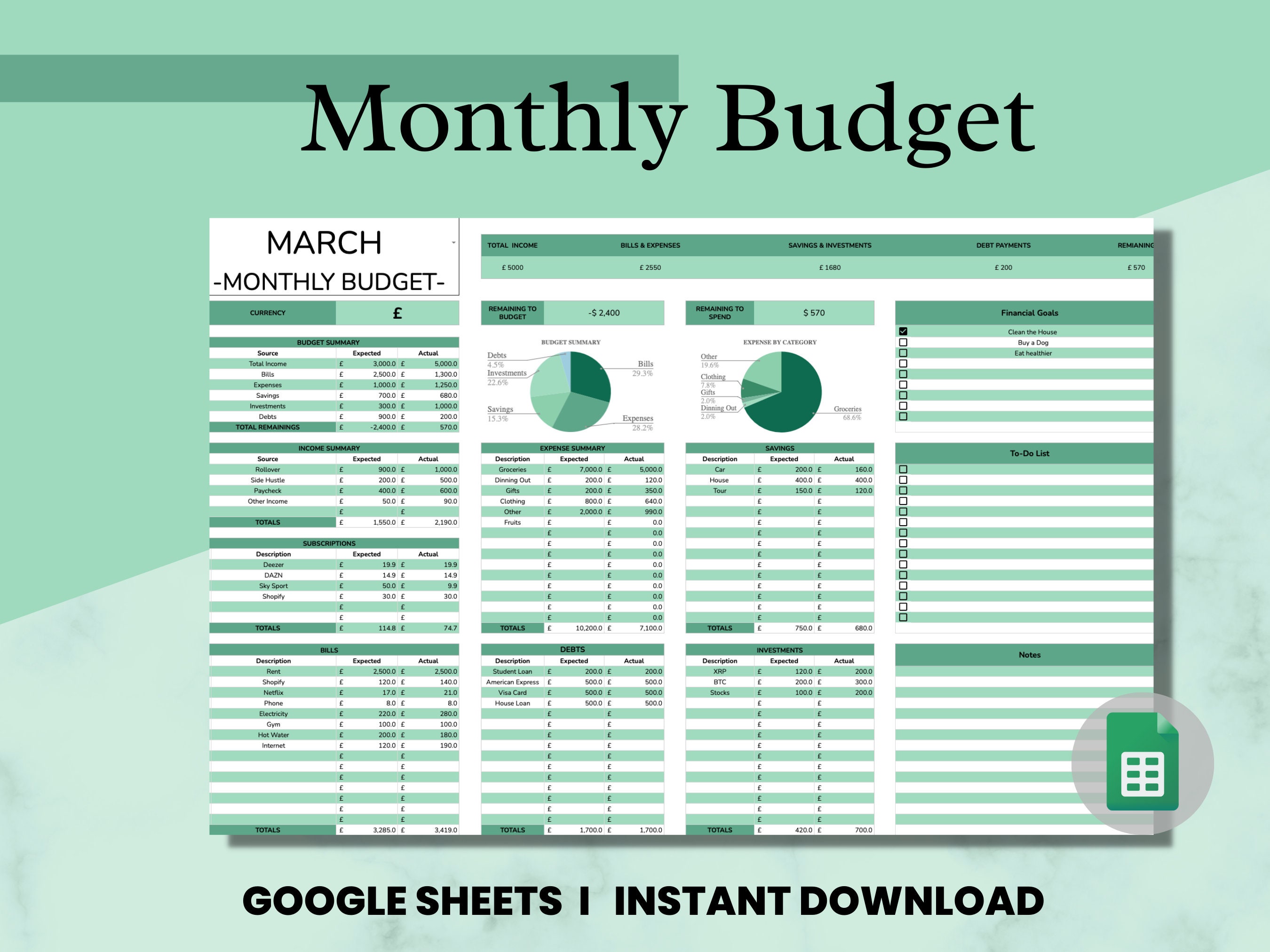 Monthly Budget Google Sheets Expense Tracker Template, Budget by ...