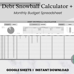 Könnte beinhalten: Eine schwarz-weiße Google Sheets-Tabelle mit dem Titel "Debt Snowball Calculator + Monthly Budget Spreadsheet". Die Tabelle enthält ein Kreisdiagramm, ein Balkendiagramm und eine Tabelle mit Spalten für Monat, Datum, Zahlung und Saldo.