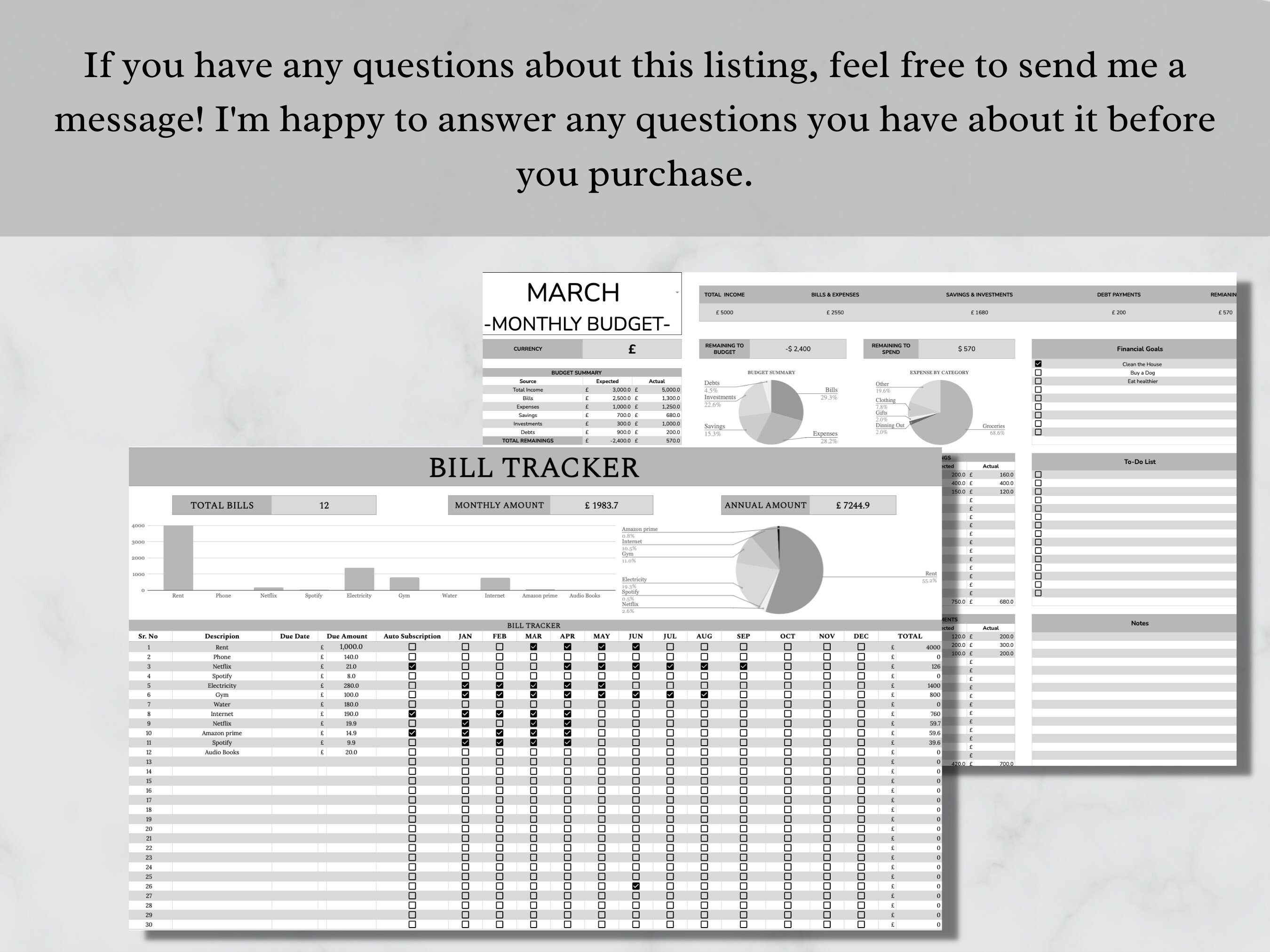 Yearly Bill Tracker Google Sheets Spreadsheet Template, Monthly Budget ...