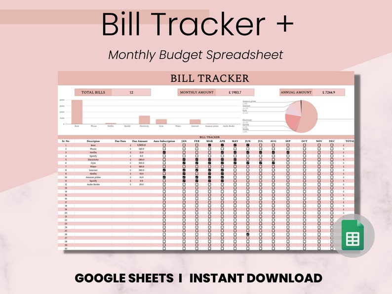 Bill Tracker Google Sheets Spreadsheet Template, Monthly Budget Planner Bill Tracker Google Sheets Spreadsheet Template, Monthly Budget Planner
