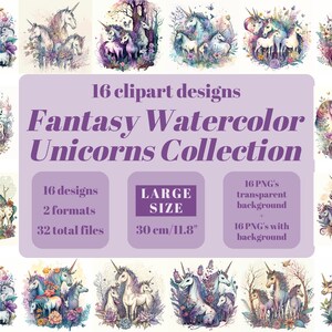 Magical Unicorn Clipart - 16 High Quality Large Size Transparent Designs - Instant Download for Digital Projects, Scrapbooking, DIY Crafts