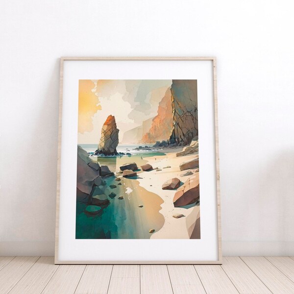 Elafonissi Beach Crete Greece Watercolor Art, Greek Island Wall Art, Mediterranean Decor, Beach Landscape Painting, Travel Art