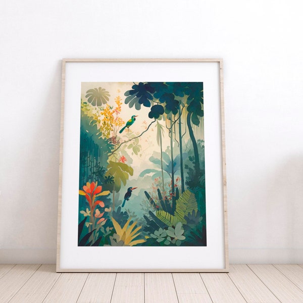Jungle Birds Watercolor Painting, Nature Wall Art, Jungle Decor, Tropical Decor, Botanical Art, Boho Home Decor | Digital Printable Art