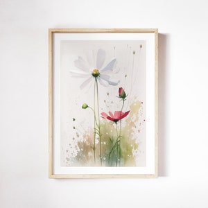 Cosmos Flower Watercolor, White Background, Delicate Details, Botanical Wall Art, Cottage Decor, Floral Painting