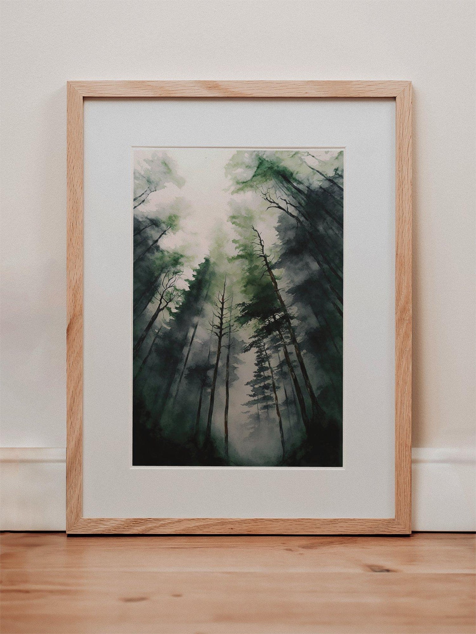 Foggy Trees Watercolor Painting Forest Landscape Art Green Nature Wall ...