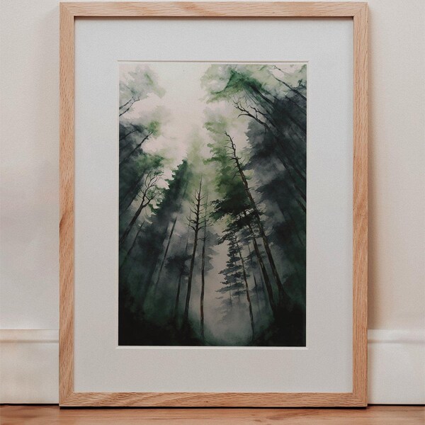 Foggy Trees Watercolor Painting  Forest Landscape Art  Green Nature Wall Decor  Nature Print Wall Art  Forest Painting  Canvas Wall Art