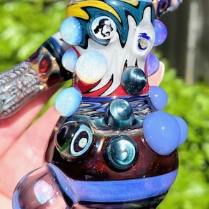 Colorful One of a Kind Sidecar Glass Pipe with, Cheech and Chong millis UV reactive glass, 2 reversals, neptonium glass plus so much more!