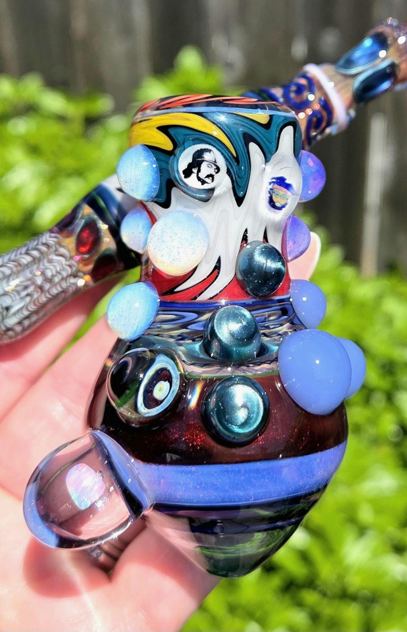 Colorful One of a Kind Sidecar Glass Pipe with, Cheech and Chong millis UV reactive glass, 2 reversals, neptonium glass plus so much more!