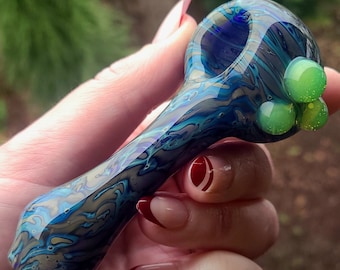 Handmade Moon Spoon Glass Pipe: Blue & Gold Fumed Design