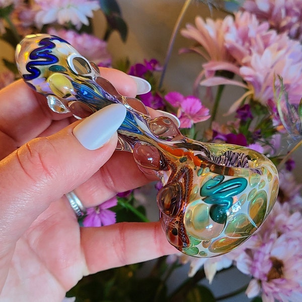 Inside Out Multi-Color Bumpy Glass Spoon with Flower Petal Tip and UV/Blacklight reactive stringers